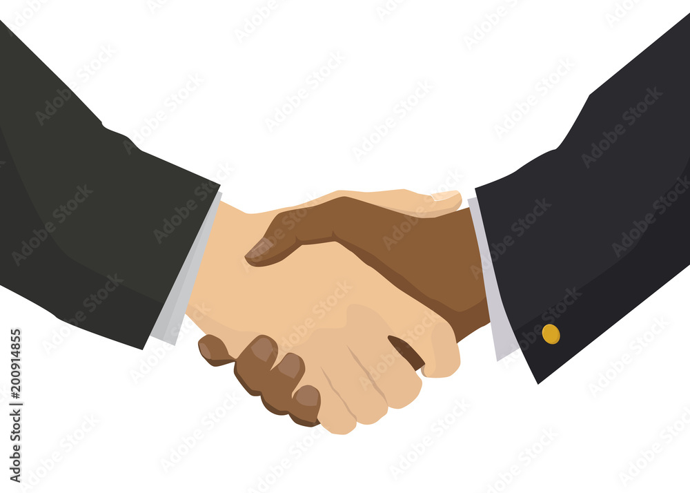 Handshake with black hand, flat illustration for business and finance concept on white Handshake with black hand, flat illustration for business and finance concept on white