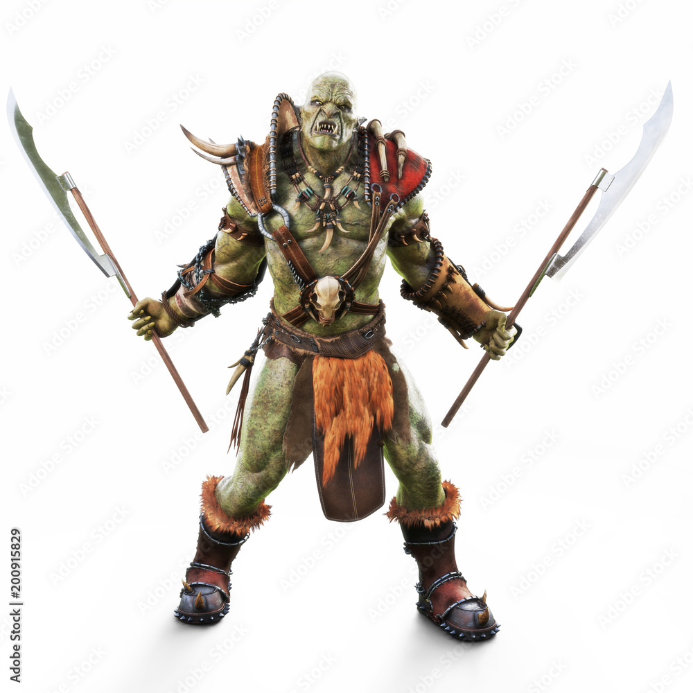 Savage Orc Brute warrior wearing traditional armor ready for battle. Fantasy themed character on an isolated white background. 3d Rendering