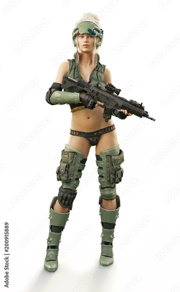 Futuristic armored blonde female Merc holding a laser rifle posing with confidence ready for combat.Science fiction 3d rendering on an isolated white background. Futuristic armored blonde female Merc holding a laser rifle posing with confidence ready for combat.Science fiction 3d rendering on an isolated white background.