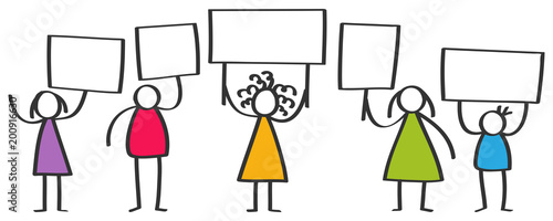 Vector group of protesting colorful stick figures, children, men and women standing and holding up blank boards isolated on white background