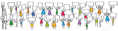 Vector illustration of protesting colorful stick figures, children holding up blank boards, horizontal banner, isolated on white background