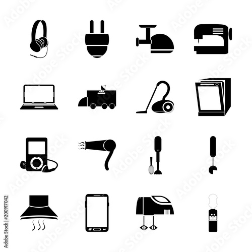 icon Electronic with multimedia, hair dryer, headphone, blender and electric