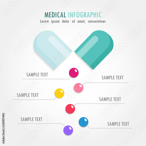 Greeen capsule and colorful pills medical infographic.