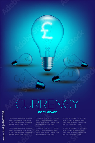 Alphabet Incandescent light bulb switch on set Currency GBP (Pound Sterling) with broken Euro, Japanese and United States Dollars symbol concept, illustration isolated glow in blue gradient background