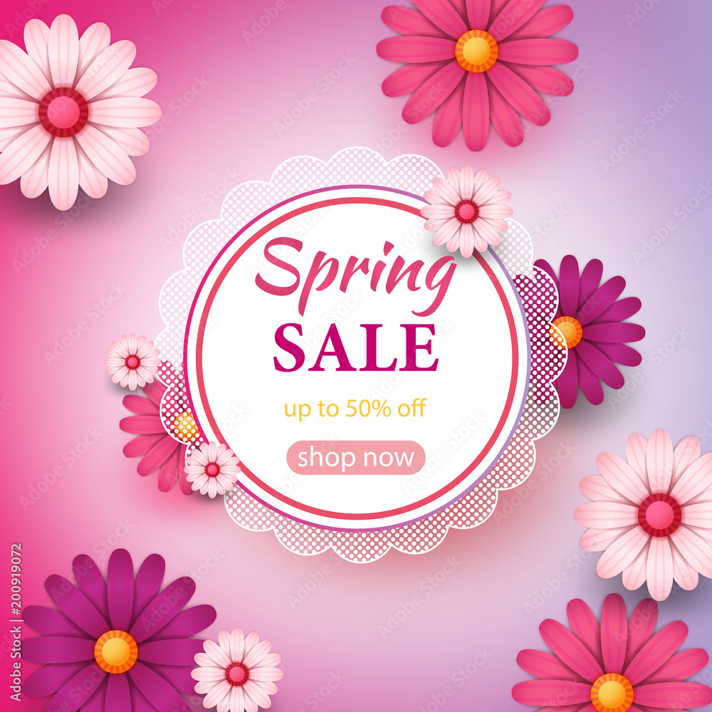 Spring sale s banner template with paper flower on colorful backgruond illustration Spring sale s banner template with paper flower on colorful backgruond illustration
