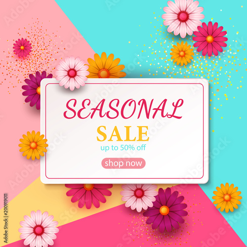 Spring sale s banner template with paper flower on colorful backgruond illustration