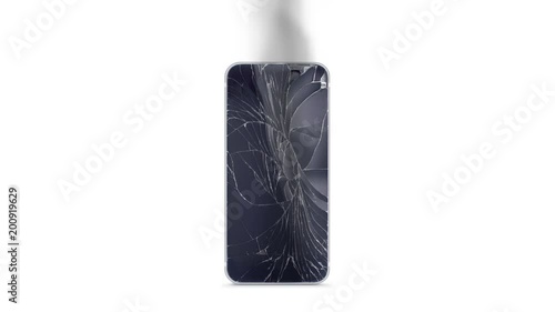 Blank broken phone mockup with cracked screen and fume front view, isolated, 3d rendering. Empty smartphone with colored display. Dropped blinking display template photo