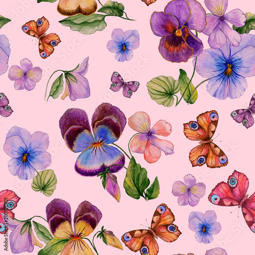 Beautiful vivid viola flowers leaves and bright butterflies on pink backgroun...