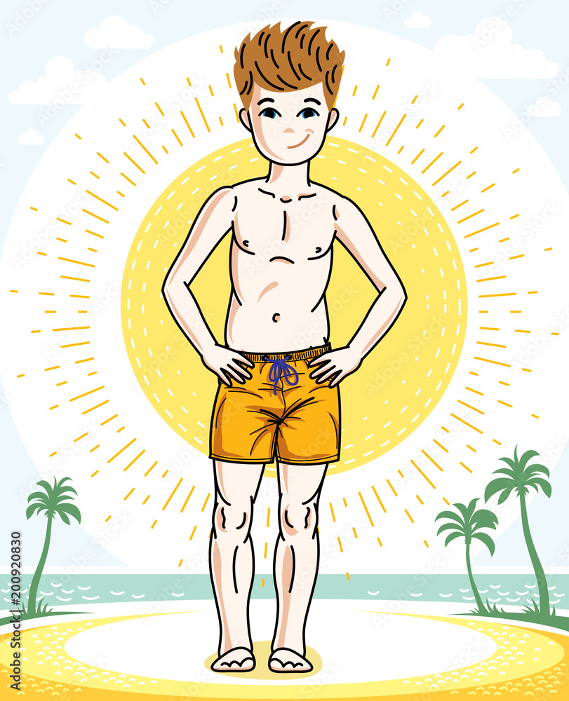 Child young teen boy cute standing in colorful stylish beach shorts. Vector human illustration. Fashion and lifestyle theme cartoon.