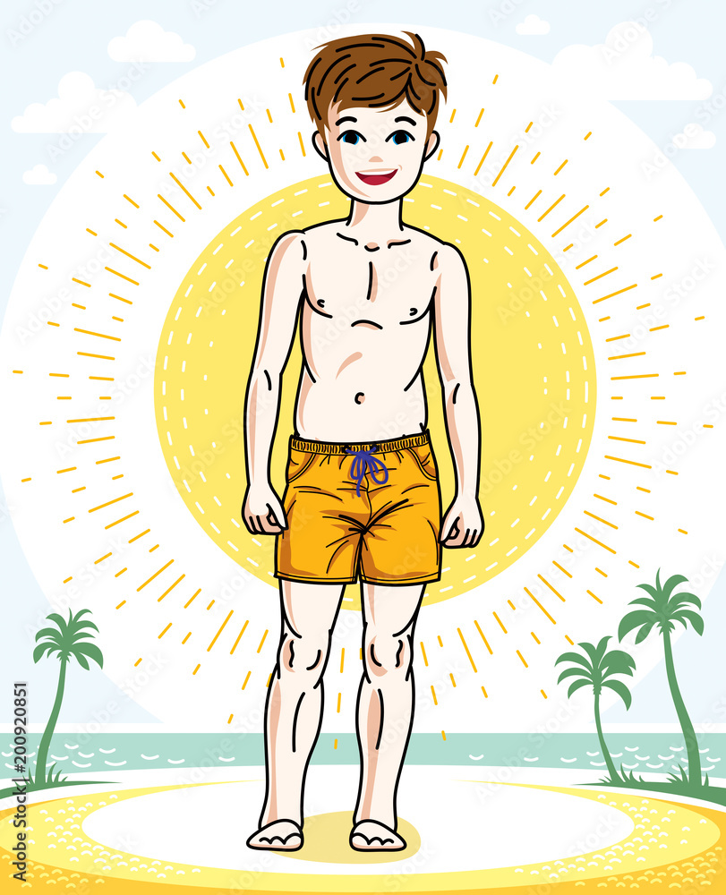 Child young teen boy cute standing wearing fashionable beach shorts. Vector human illustration. Fashion theme clipart.