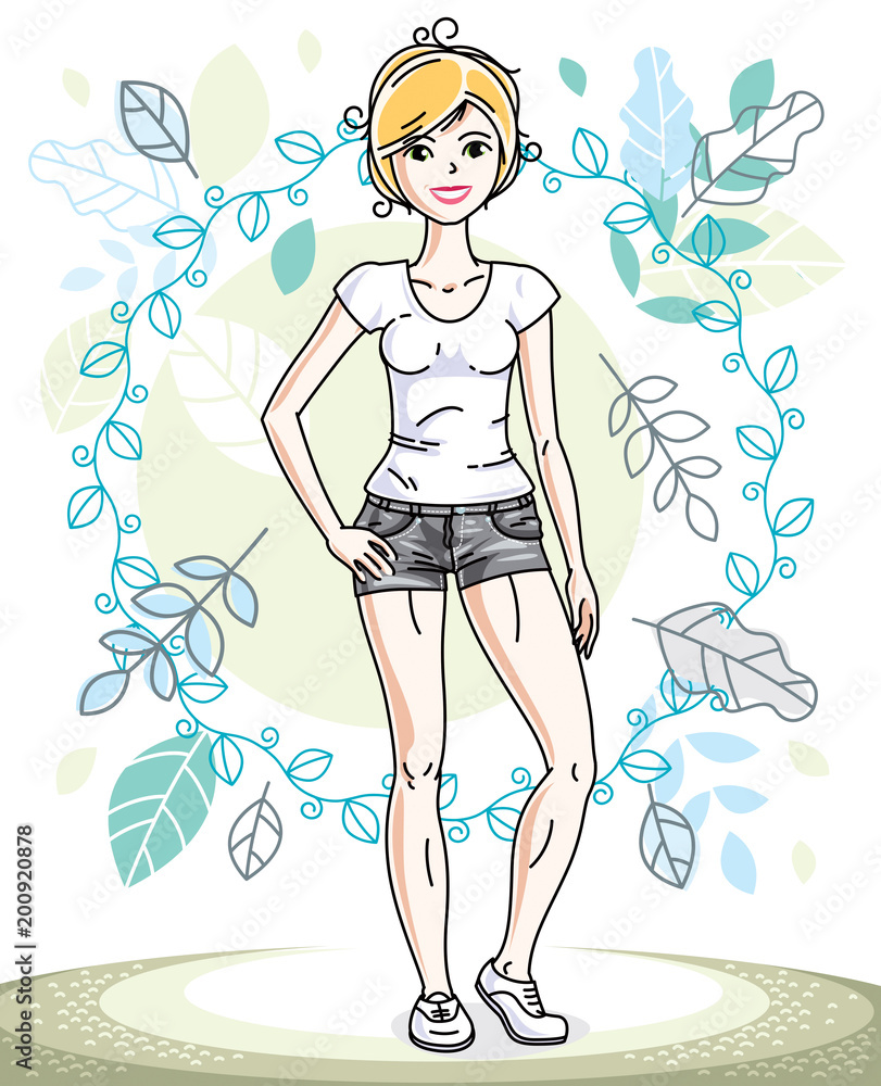 Happy young blonde woman posing on background of spring landscape and wearing fashionable casual clothes. Vector attractive female illustration. Springtime fashion and lifestyle theme cartoon.