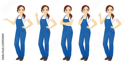Pretty woman in overalls vector illustration set