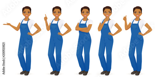Pretty woman in overalls vector illustration set