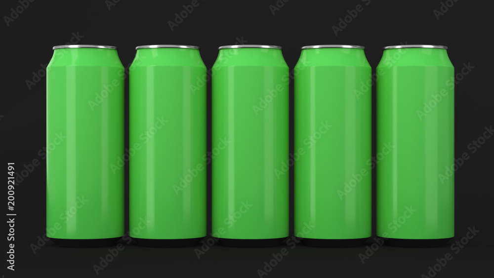 Green soda cans standing in two raws on black background Green soda cans standing in two raws on black background