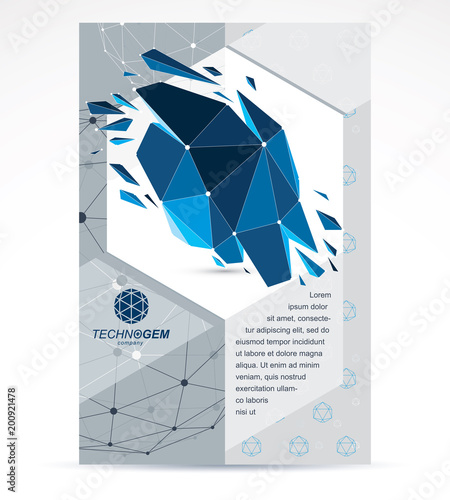New technology theme booklet cover design, front page. 3D engineering vector, abstract blue polygonal demolished shape.