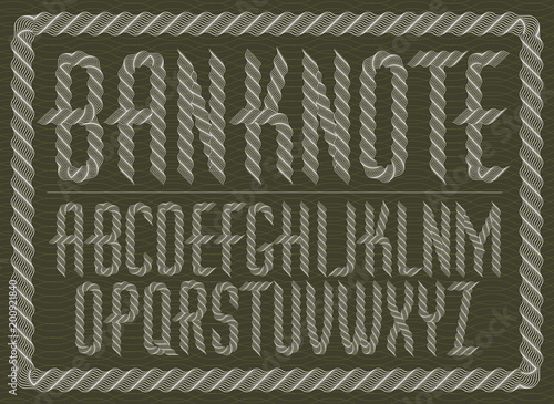 Vector upper case condensed English alphabet letters collection created with guilloche ornate, art ribbon. Can be used as graduation diploma design