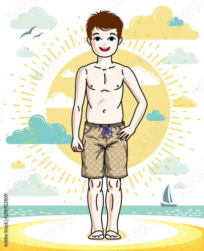 Sweet little boy young teen standing wearing fashionable beach shorts. Vector kid illustration. Fashion theme clipart.