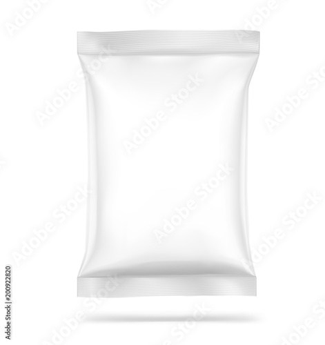 Mockup of food chips pillow bag isolated on white background. Vector illustration ready and simple to use for your design, promo, ad. EPS10.