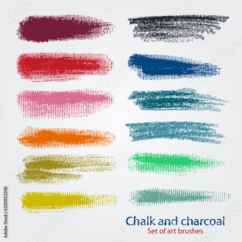 Stock vector. Corrugated textures of chalk and coal. Dynamic brush strokes in a decorative frame. Wide artistic brush. Pastel color palette. Template for registration of stickers, banners, posters.