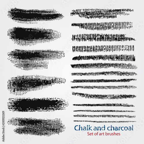 Corrugated textures of chalk and coal. Dynamic vector brush strokes. Artistic brush. Samples are saved in the file palette. Hatching. High resolution image. Grunge pattern. 