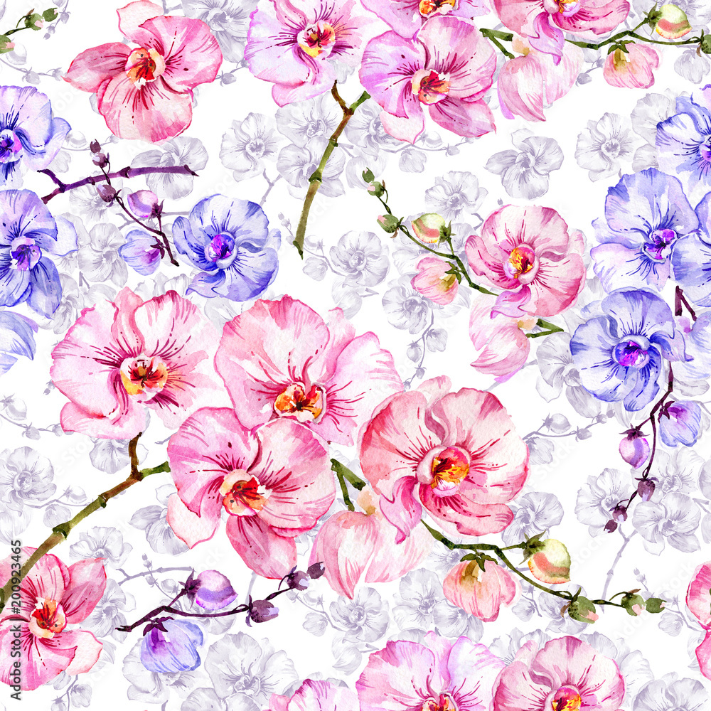 Blue and pink orchid flowers with outlines on white background. Seamless floral pattern.  Watercolor painting. Hand drawn illustration.