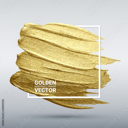 Smear with an artistic brush. Gold grunge texture in a frame. A brilliant festive pattern. Dark transparent background. Vector abstract image. A high resolution.