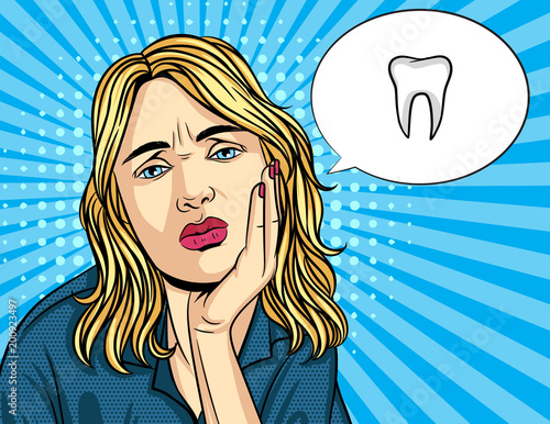 Vector retro illustration pop art comic style of unhappy woman keep hand on her cheek. Girl have teeth pain