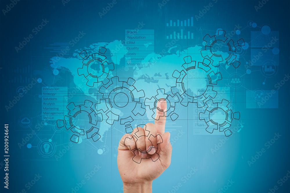 Gears, mechanism design on virtual screen. CAD systems. Business, industrial and technology concept. Gears, mechanism design on virtual screen. CAD systems. Business, industrial and technology concept.