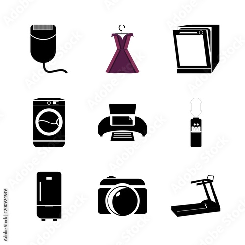 icon Electronic with running, workout, photo camera, model and office