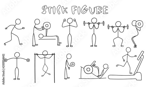 Set of stick figure sportsmans. Simple drawing fitness man pictures.Sport vector illustration