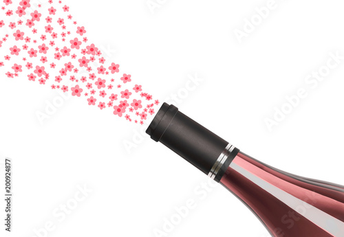 Bottle of rose wine with floral bouquet isolated on a white background