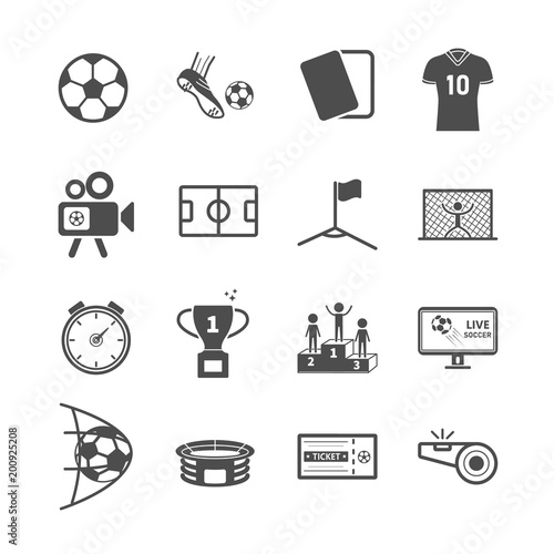 Soccer and Football icons. Sport game and Activity concept. Glyph and outlines stroke icons theme. Vector illustration graphic design collection set