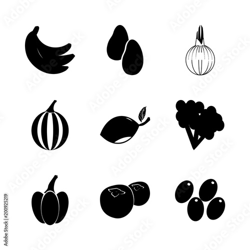 icon Fruits And Vegetables with olive tree, sprout, vegetable, olive crow and apricot