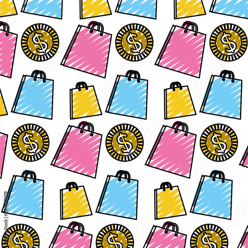 doodle shoppig bags and coin currency background