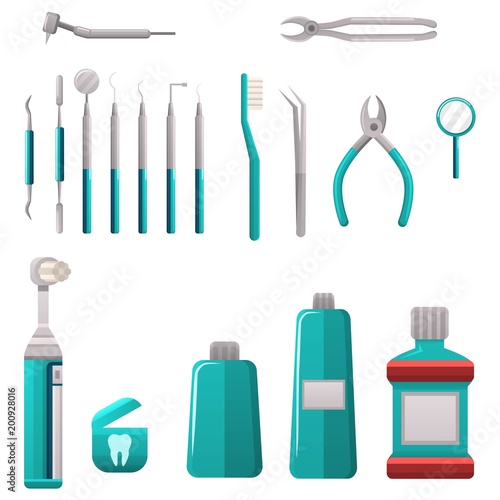Dental services objects. Dental cleaning and care tools. Stomatology and orthodontics instruments and tools. Medical, stomatology vector objects.