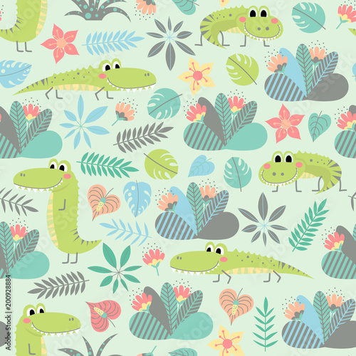 Seamless background with cute crocodiles