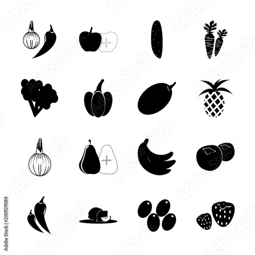 icon Fruits And Vegetables with brocoli, onion, viand, foodstuff and lemon peace