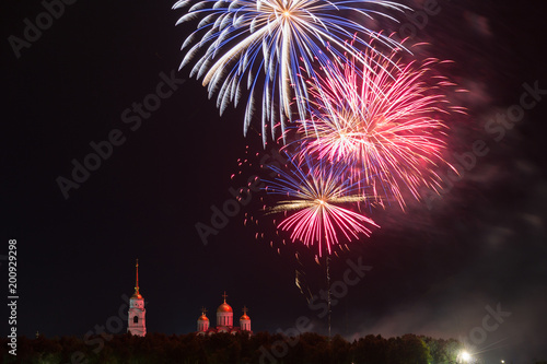 Big  festive fireworks over the Assumption Cathedral in Vladimir, Russia