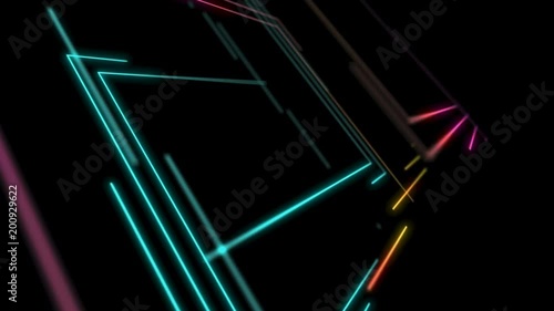 Abstract Line right angle Lighting moving pink yellow and blue color, technology network digital data transfer concept design, glowing on black background seamless looping animation 4K with copy space