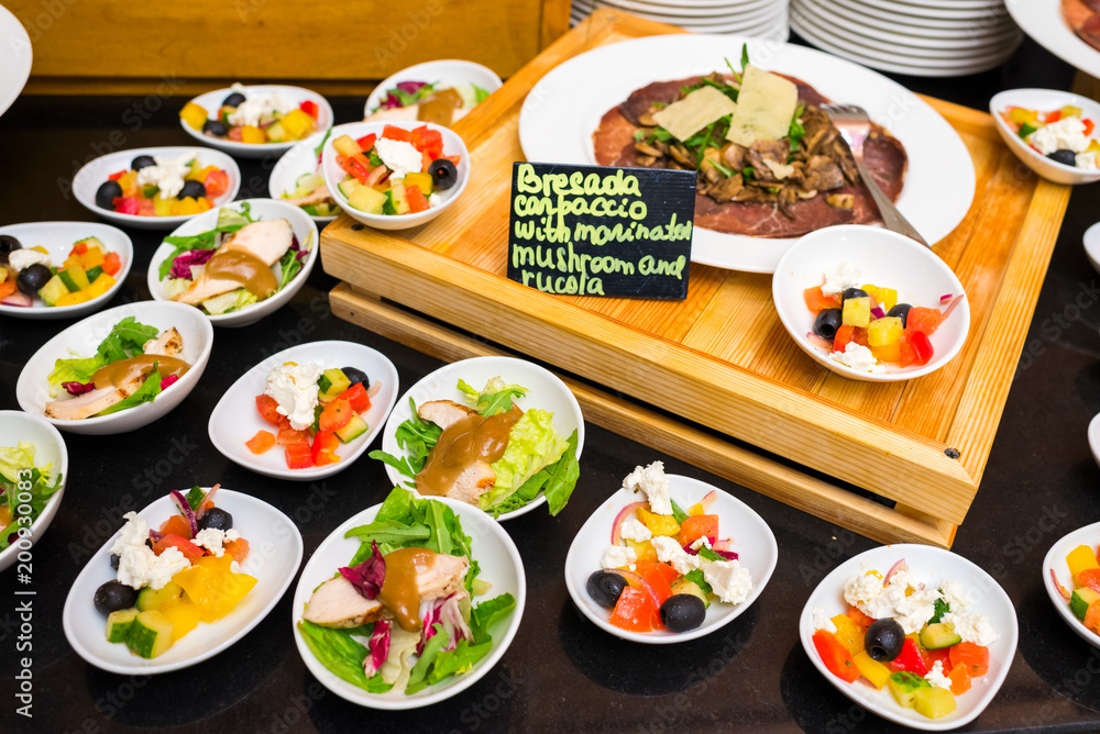 salads with vegetables and carpaccio with mushrooms and arugula with nuts salads with vegetables and carpaccio with mushrooms and arugula with nuts