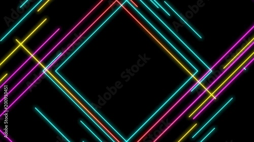 Abstract Line right angle Lighting moving pink yellow and blue color, technology network digital data transfer concept design, glowing on black background seamless looping animation 4K with copy space