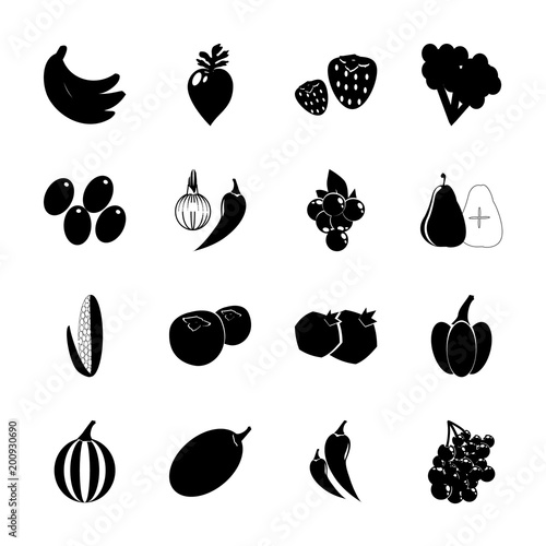 icon Fruits And Vegetables with strawberrie, maize, bananas, strawberries and citrus fruit