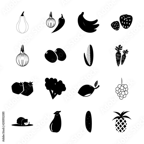 icon Fruits And Vegetables with cabbage, red pepper, plums, strawberries and onions