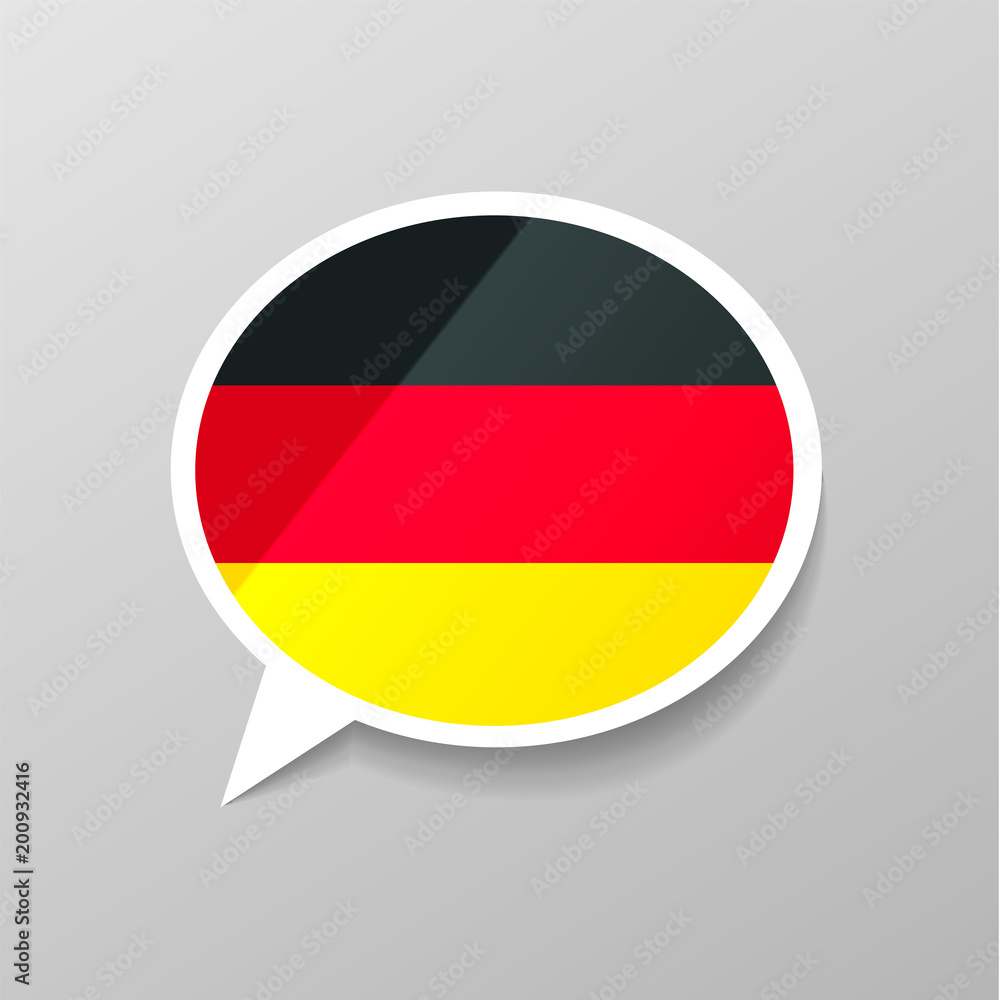 Bright glossy sticker in speech bubble shape with Germany flag, german language concept
