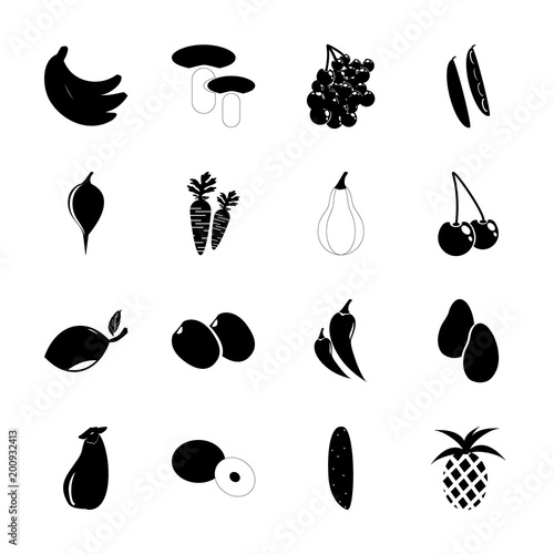 icon Fruits And Vegetables with bananas, citrus fruit, bird cherry, poonac and calabash