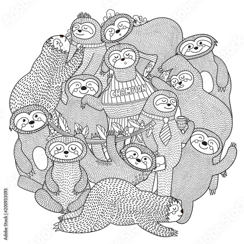 Fototapeta Naklejka Na Ścianę i Meble -  Funny sloths circle shape pattern for coloring book. Vector illustration