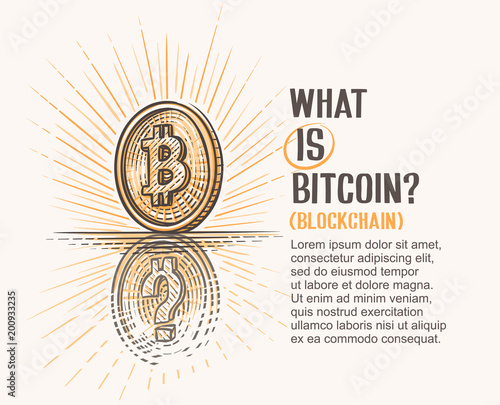 Concept drawing of bitcoin coin and its reflection with question mark symbolizing explanation of this thing. Vector. 