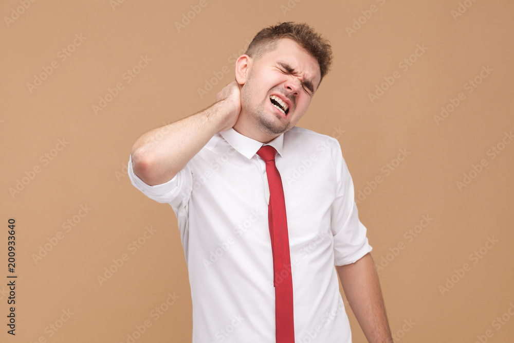 Sadness business man tired and have problem in neck Sadness business man tired and have problem in neck