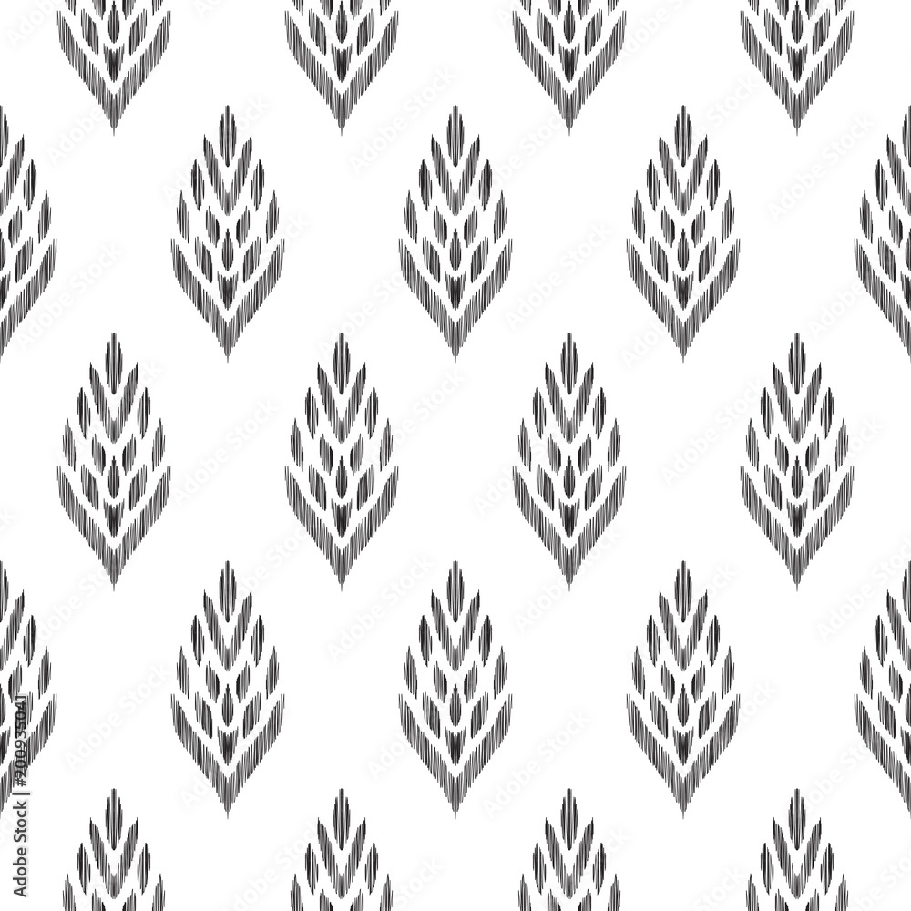 Ikat seamless pattern for home decor ideas. Pillow, cover, wallpaper, textile print. Vector background. Tribal graphic design in black and white colors. Boho fashion style.