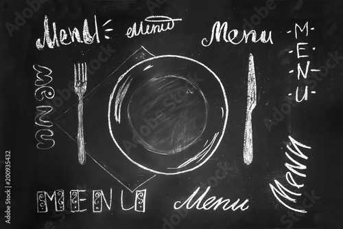 Menu restaurant lettering on a plate with a fork and a spoon on the side in retro style drawing with chalk on blackboard.